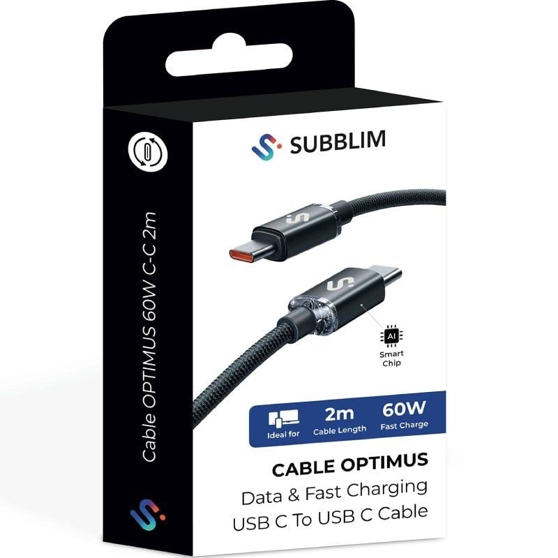 Cabo USB 2.0 Subblim Optimus USB 2.0 Tipo C / Macho USB Tipo C - Macho USB Tipo C / Até 60W / 480mb…