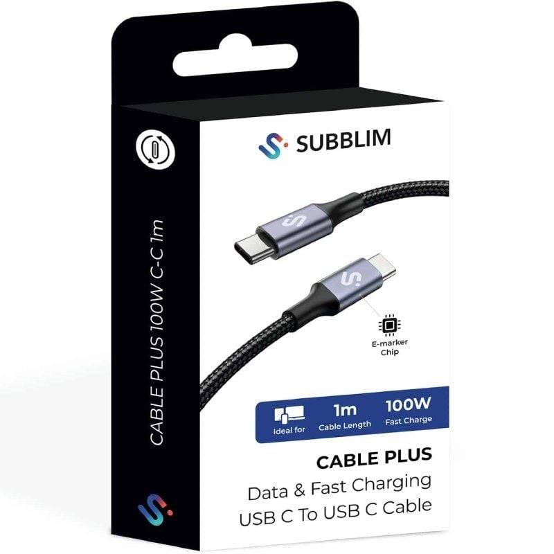 USB 2.0 Type-c Subblim Plus / USB Type-c Macho - USB Type-c Macho / Até 100W / 480mbps / 1m / Preto