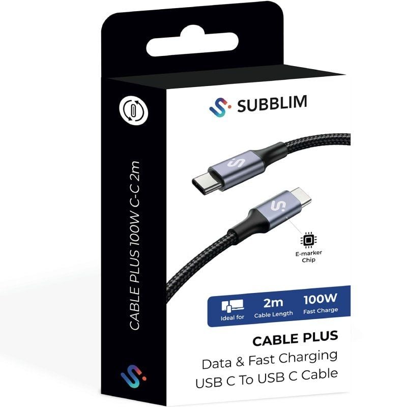 USB 2.0 Type-c Subblim Plus / USB Type-c Macho - USB Type-c Macho / Até 100W / 480mbps / 2m / Preto