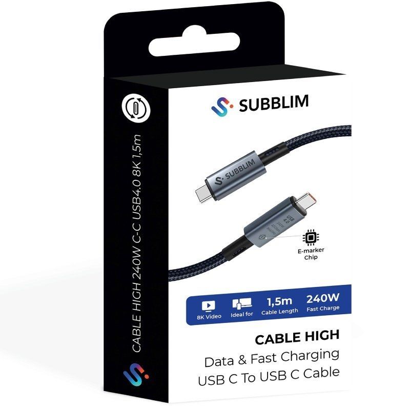Cabo USB 4.0 Type-c Subblim High / USB Type-c Macho - USB Type-c Macho / Até 240W / 1,5m / Preto