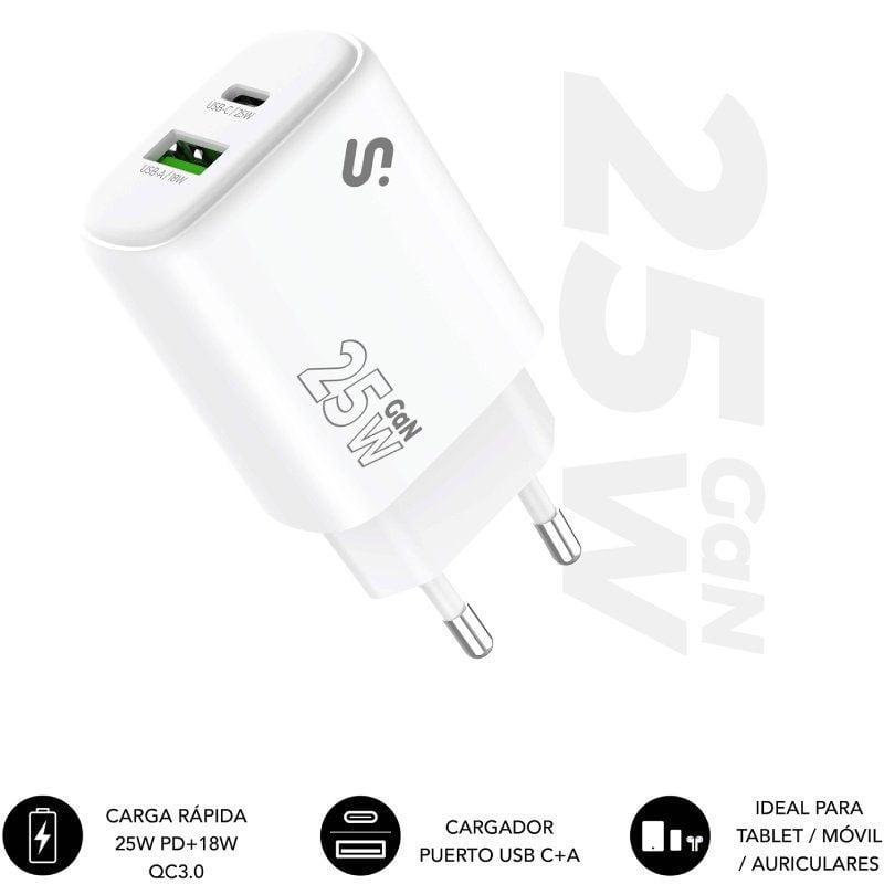 Carregador de Parede Gan Subblim 25W Carregador USB C+a / 1xusb Type-c / 1xusb / 25W