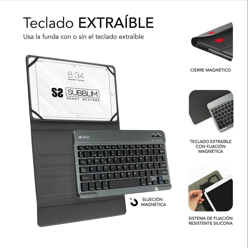 Capa de Teclado Subblim Keytab Pro Bluetooth para Tablets de 10,1"-10,8" / Cinzento