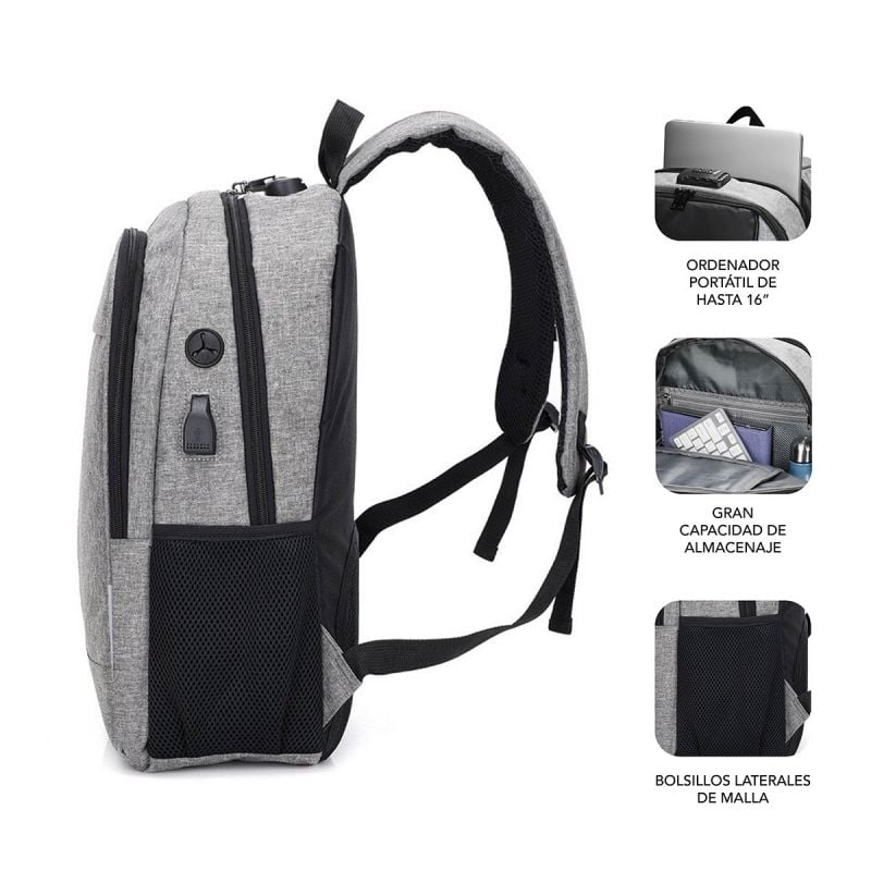 Mochila Subblim Urban Lock para Computadores Portáteis Até 16" / Porta USB / Antirroubo / Cinzento
