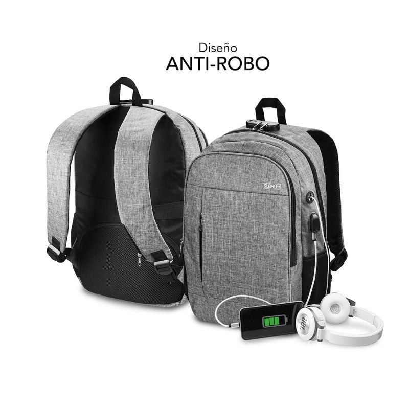 Mochila Subblim Urban Lock para Computadores Portáteis Até 16" / Porta USB / Antirroubo / Cinzento