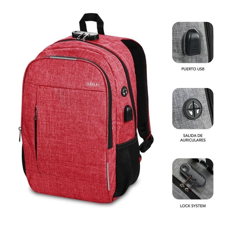 Mochila Subblim Urban Lock para Computadores Portáteis Até 16" / Porta USB / Antirroubo / Vermelho