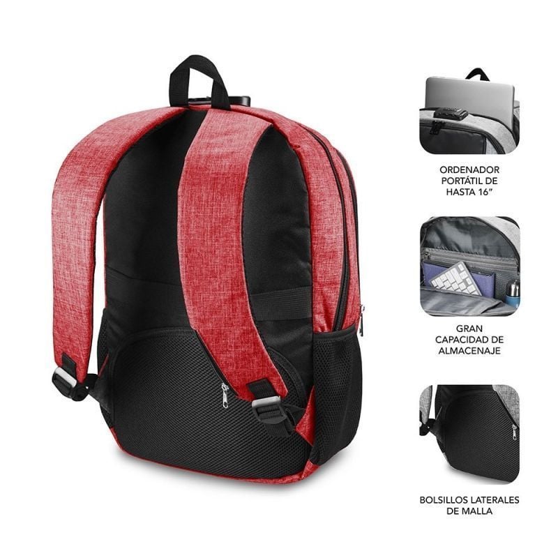 Mochila Subblim Urban Lock para Computadores Portáteis Até 16" / Porta USB / Antirroubo / Vermelho