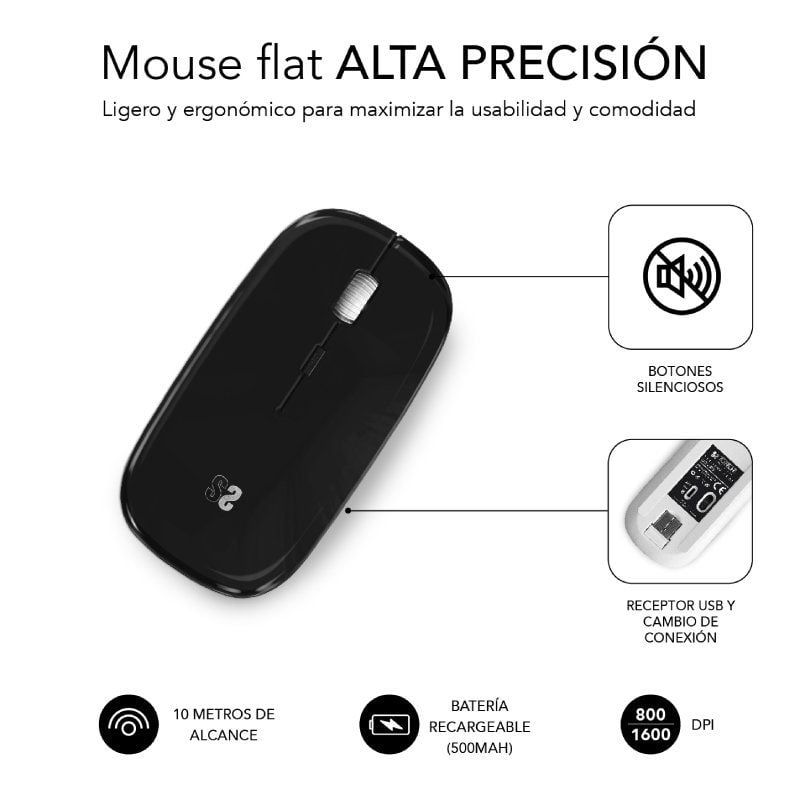 Subblim Dual Flat Wireless Bluetooth Mouse / Bateria Recarregável / Até 1600 DPI
