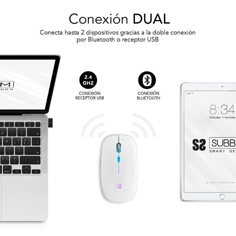 Rato Bluetooth sem Fios Subblim LED Dual Flat / Bateria Recarregável / Até 1600 DPI / Branco