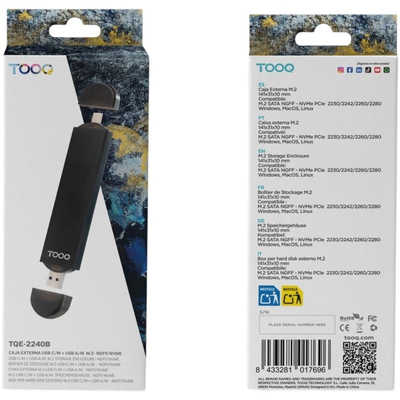 Caixa Externa para Disco SSD M.2 NVME Tooq Tqe-2240b / USB 3.0 / USB Tipo C 3.2 Gen2