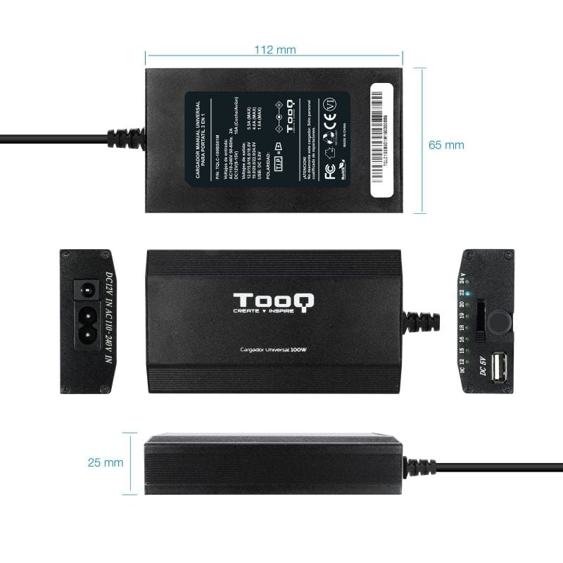 Carregador para Computador Portátil Tooq Tqlc-100bs01m / 100W / Manual / 12 Conectores / Tensão 12-…
