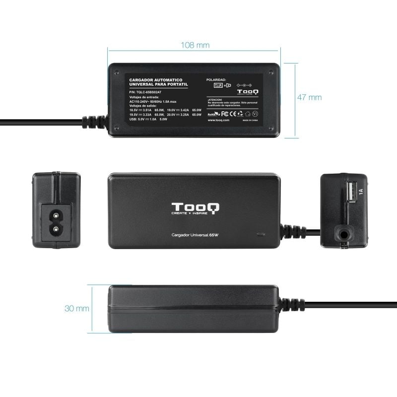Carregador para Computador Portátil Tooq Tqlc-65bs02at / 65W / Automático / 8 Conectores / Tensão 1…