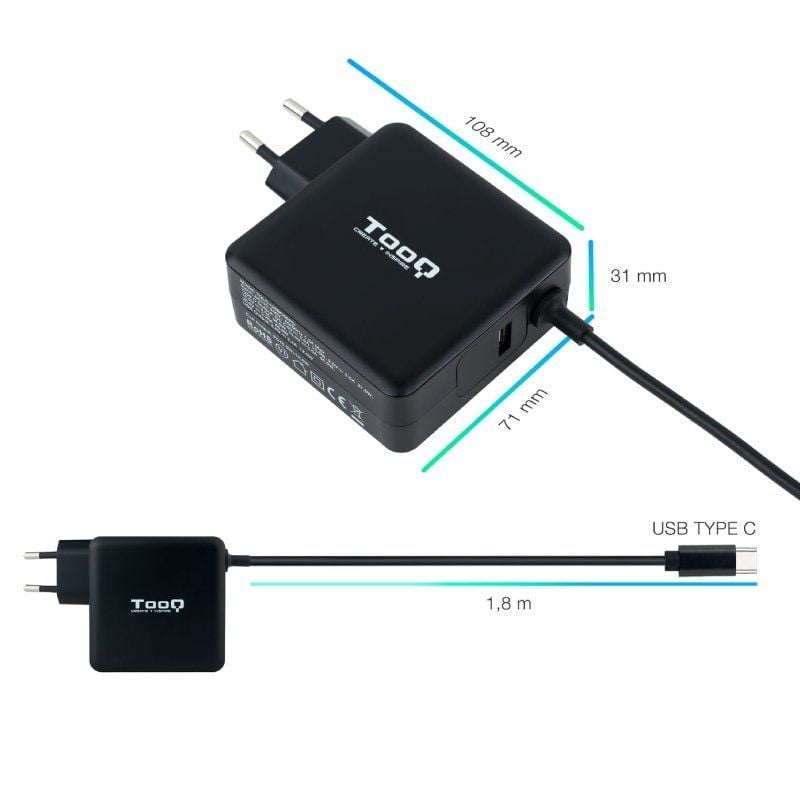 Carregador para Computador Portátil Tooq Tqlc-usbc65pd USB Tipo C / 65W / Automático / Tensão 5-20v