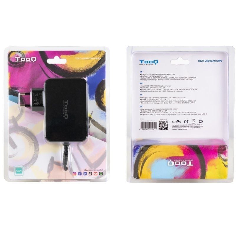 Carregador Gan para Portátil Tooq Tqlc-usbcgan100pd USB Tipo C / 100W / Automático / Tensão 5-20v