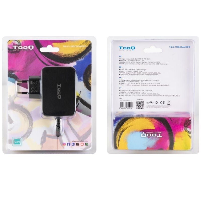 Carregador Gan para Portátil Tooq Tqlc-usbcgan45pd USB Tipo C / 45W / Automático / Tensão 5-20v