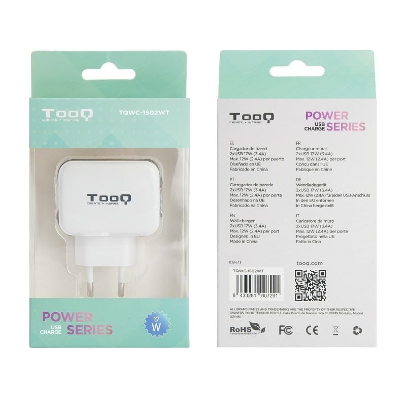 Carregador de Parede Tooq Tqwc-1s02wt / 2xusb / 17W