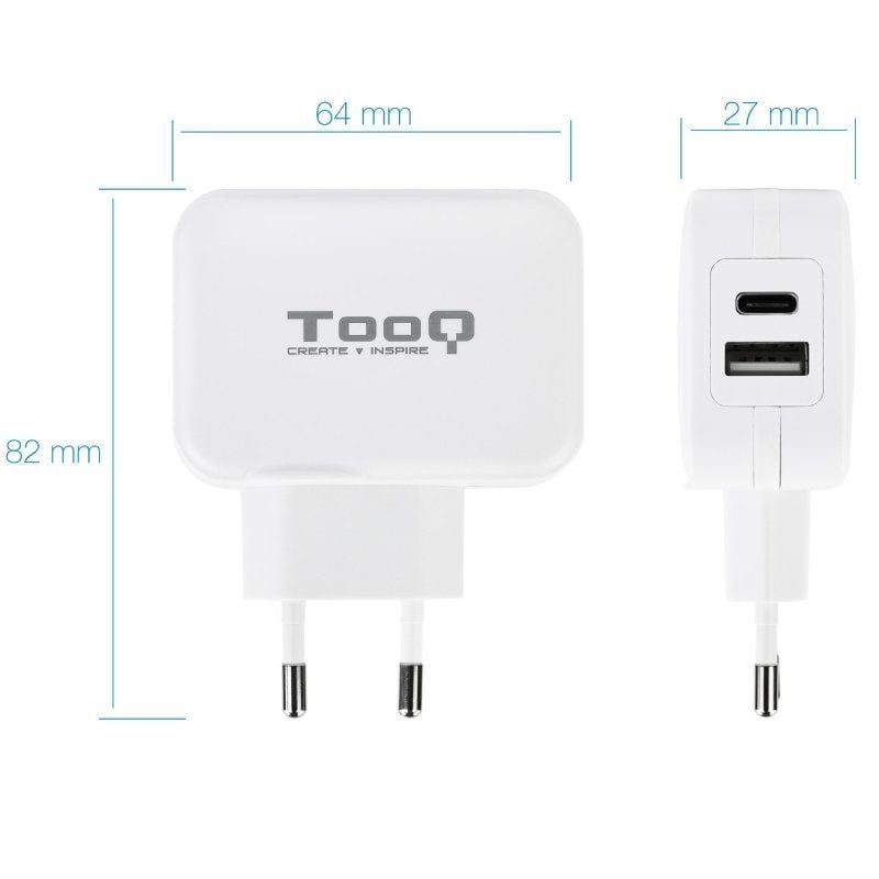Carregador de Parede Tooq Tqwc-2sc02wt / 1xusb Type-c / 1x USB / 27W
