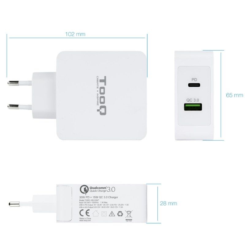 Carregador de Parede Tooq Tqwc-2sc03wt / 1xusb Tipo C / 1xusb / 48W