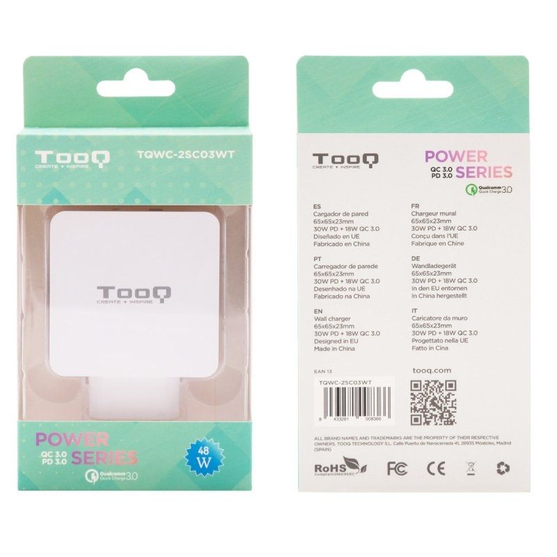 Carregador de Parede Tooq Tqwc-2sc03wt / 1xusb Tipo C / 1xusb / 48W
