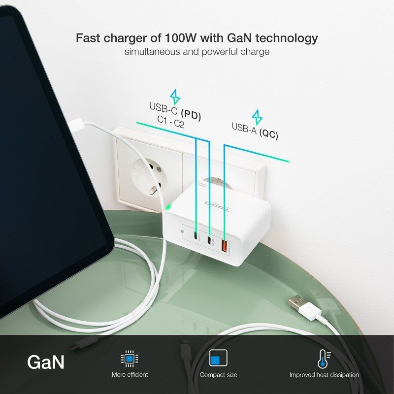 Tooq Tqwc-ganqc2pd100w / 2xusb Tipo C / 1xusb / 100W Carregador de Parede Gan Tooq Tqwc-ganqc2pd100…