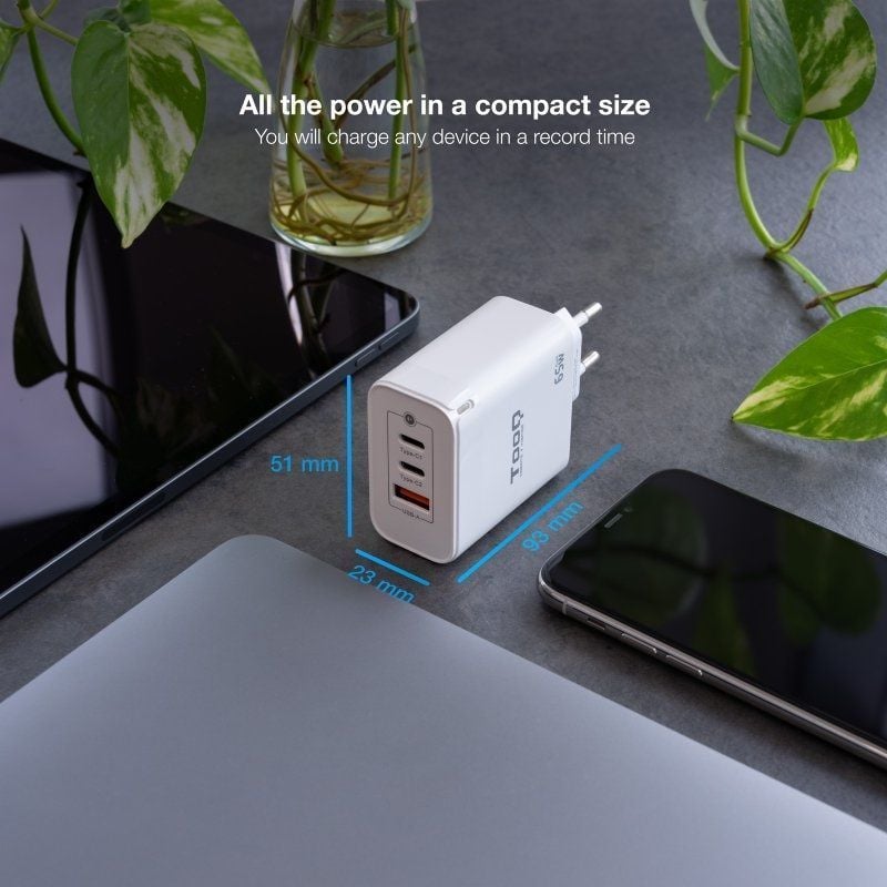 Tooq Tqwc-ganqc2pd65wt / 2xusb Tipo C / 1xusb / 65W Carregador de Parede Gan Tooq Tqwc-ganqc2pd65wt…