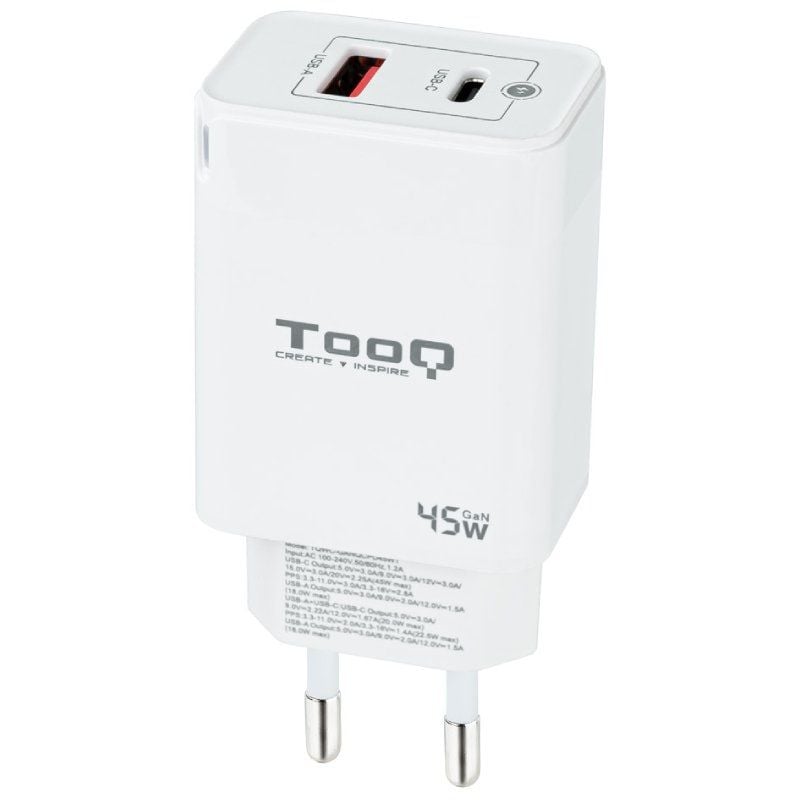 Carregador de Parede Gan Tooq Tqwc-ganqcpd45wt / 1xusb Type-c / 1xusb / 45W