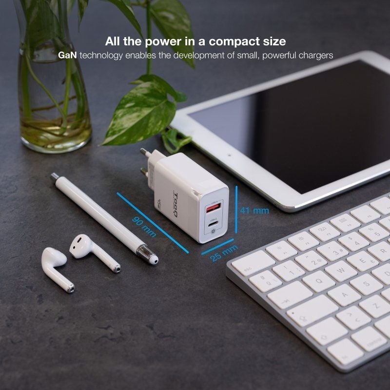Carregador de Parede Gan Tooq Tqwc-ganqcpd45wt / 1xusb Type-c / 1xusb / 45W