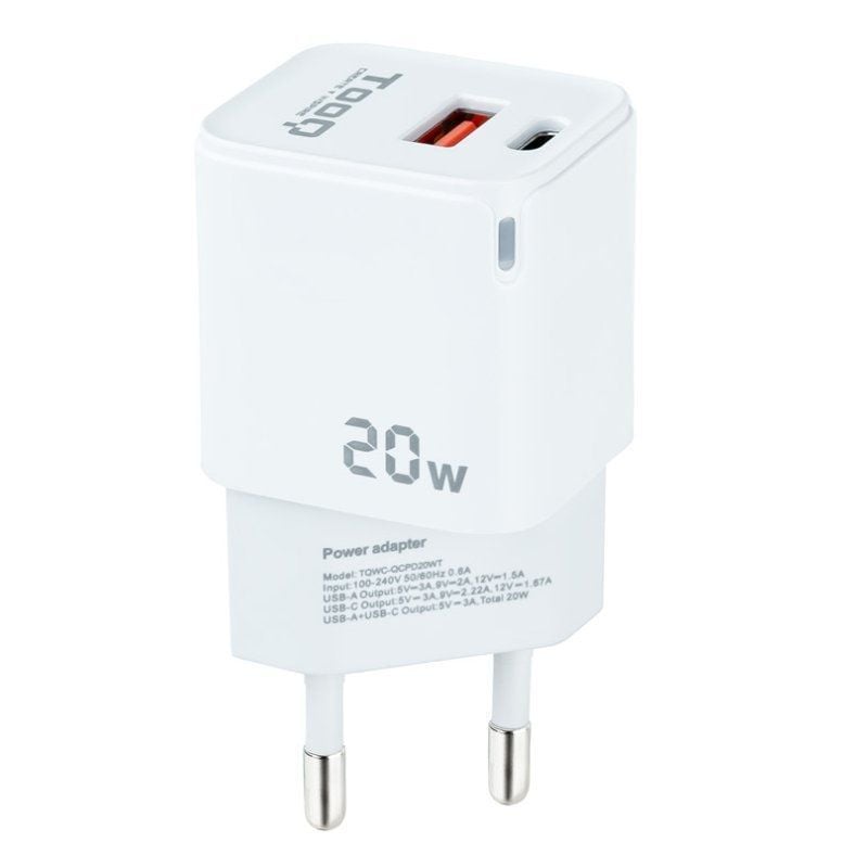 Carregador de Parede Tooq Tqwc-qcpd20wt / 1xusb-tipo C / 1x USB / 20W / Branco