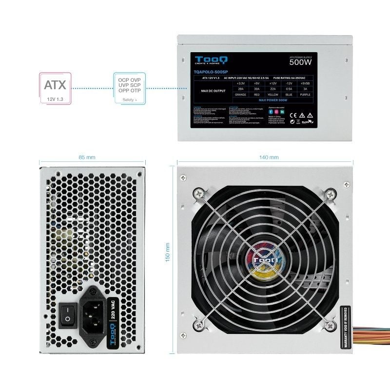 Fonte de Alimentação Tooq Tqapolo-500sp / 500W / Ventilador de 12cm
