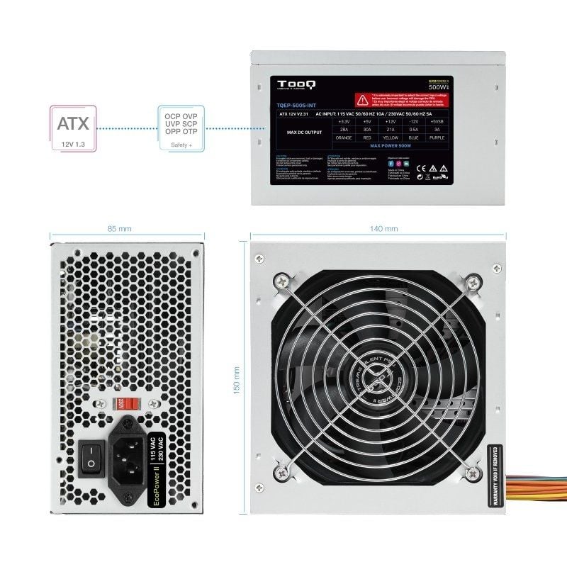 Fonte de Alimentação Tooq Tqep-500s-int / 500W / Ventilador de 12cm