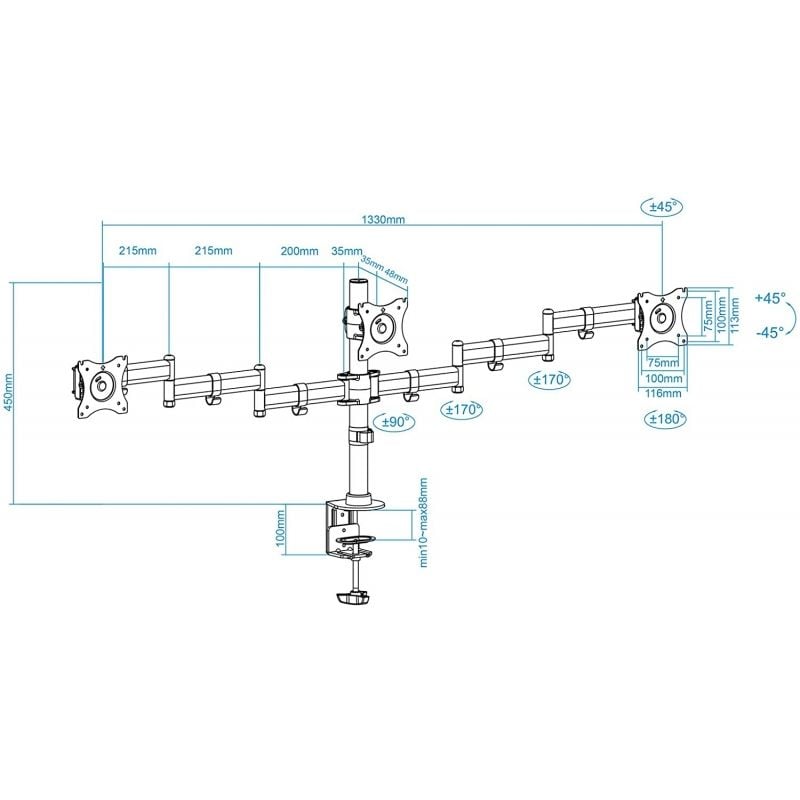 Suporte de Mesa Tooq Db1327tn-b para 3 Monitores / Giratório / Inclinado / Até 8kg