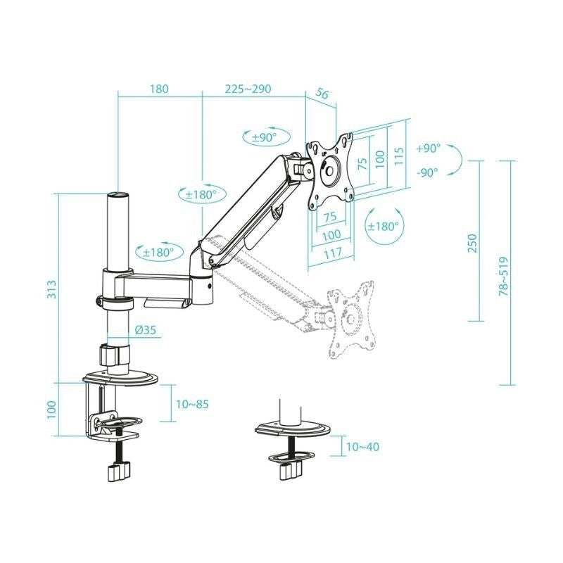 Tooq Db1532tnr-b Suporte de Mesa para Monitor / Giratório / Inclinado / Até 9kg