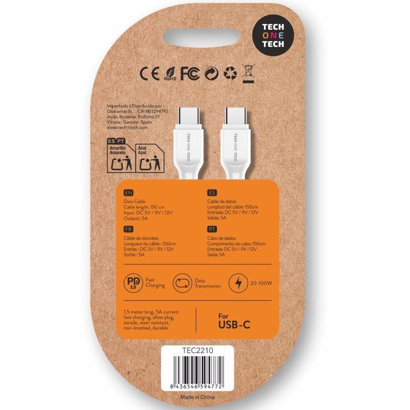 Cabo USB 2.0 Tipo C da Tech One Tech TEC2210 / Cabo USB Tipo C Macho - Cabo USB Tipo C Macho / Até…