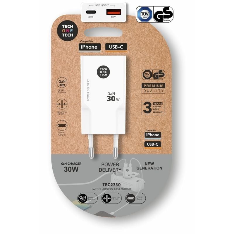 Carregador de Parede Gan Tech One Tech Gan TEC2230 / 1xusb Type-c / 1xusb / 30W / Branco