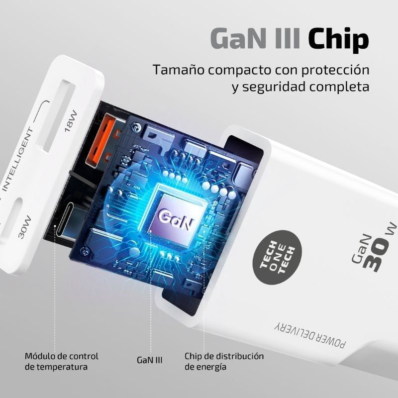 Carregador de Parede Gan Tech One Tech Gan TEC2230 / 1xusb Type-c / 1xusb / 30W / Branco