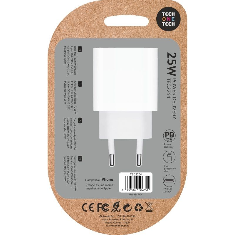 Carregador de Parede Tech One Tech TEC2264 / 1xusb Type-c / 25W / Branco