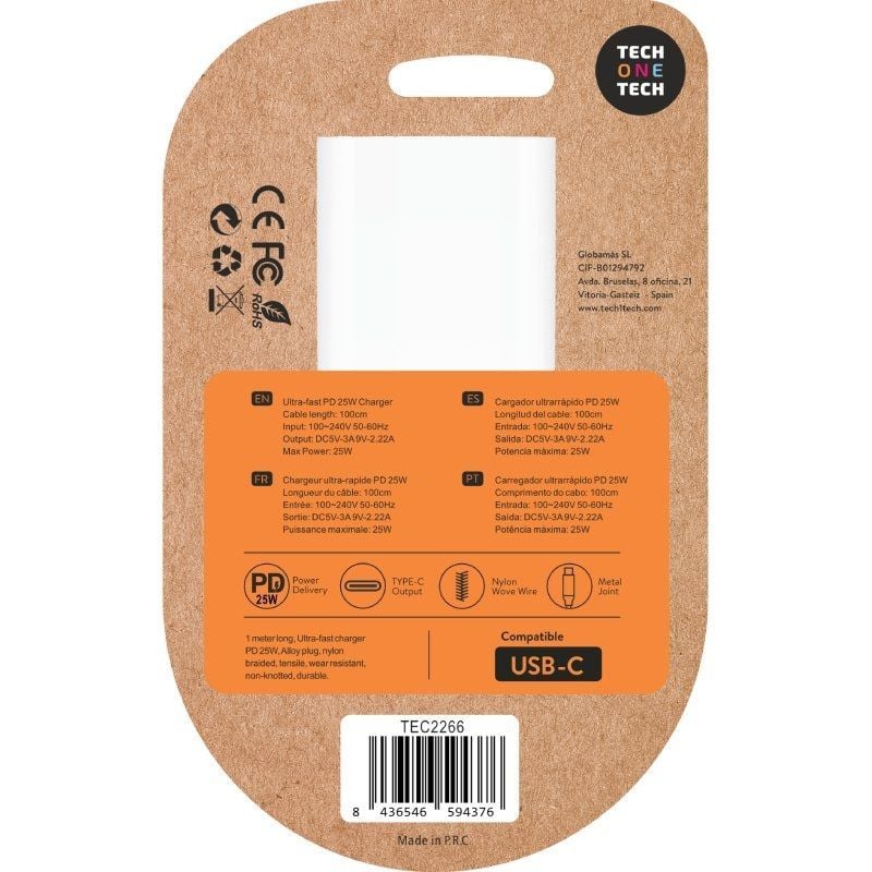 Carregador de Parede Tech One Tech TEC2266 / 1xusb Type-c + Cabo USB Type-c / 3A / Branco