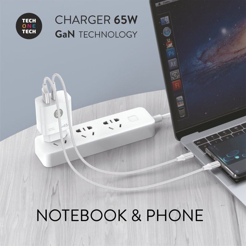 Carregador de Parede Gan Tech One Tech Gan TEC2270 / 1xusb Type-c / 1xusb / 65W / Branco
