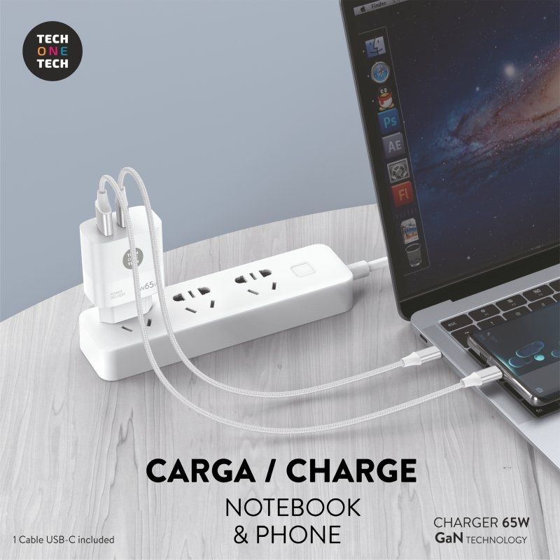 Carregador de Parede Gan Tech One Tech PD TEC2273 Gan / 1xusb Tipo C / 1xusb / 65W