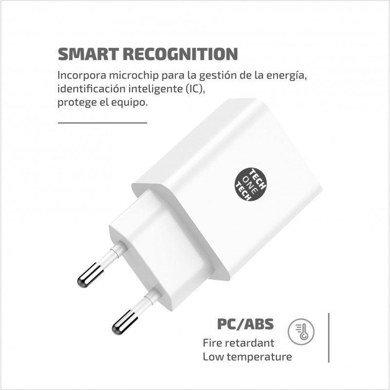 Carregador de Parede Tech One Tech TEC2403 / 2xusb + Cabo USB Tipo C / 12W / Branco