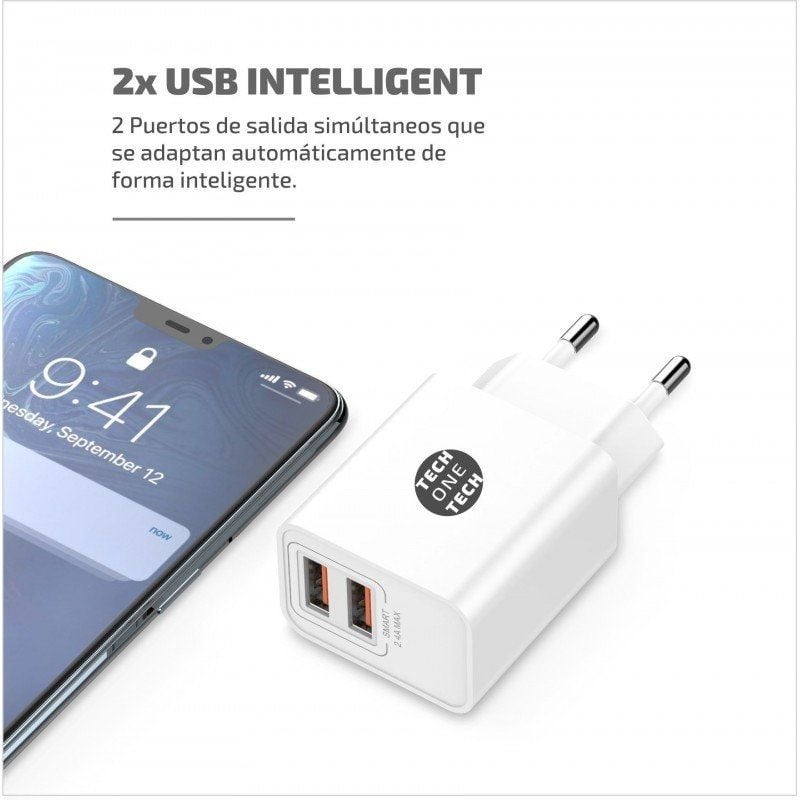 Carregador de Parede Tech One Tech TEC2403 / 2xusb + Cabo USB Tipo C / 12W / Branco
