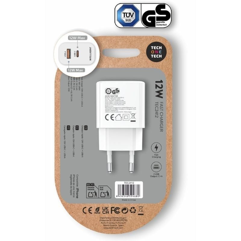 Carregador de Parede Tech One Tech TEC2412 / 1xusb Type-c / 1xusb / 12W / Branco
