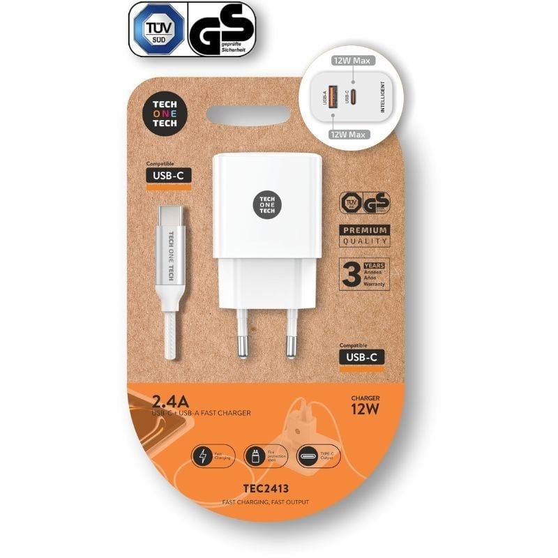 Carregador de Parede Tech One Tech TEC2413 / 1xusb Type-c / 1xusb + Cabo USB Type-c / 12W / Branco