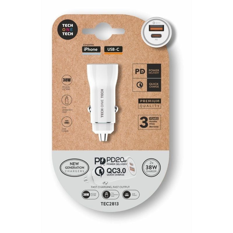Carregador de Automóvel Tech One Tech TEC2813 / 1xusb-tipo C / 1xusb / 38W