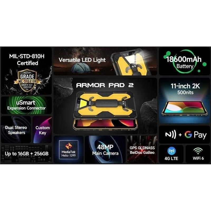 Ulefone Armor Pad 2 Tablet Robusto de 11" / 8GB / 256GB / Octacore / 4G / Preto e Amarelo