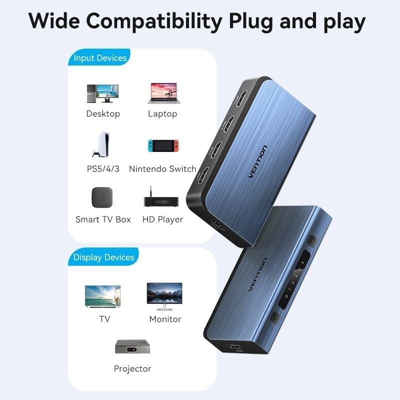 Vention AKCL0 HDMI Fêmea / 4x HDMI Fêmea 4K HDMI 2.0 Switch Switch Vention AKCL0 HDMI Fêmea / 4x HD…