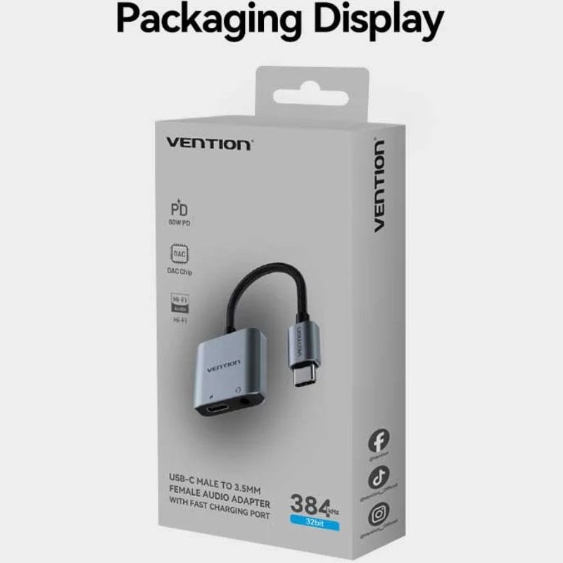 Adaptador Áudio Vention BIGHA / USB Tipo C Macho - Jack 3,5 Fêmea / USB Tipo C PD Fêmea / Cinzento