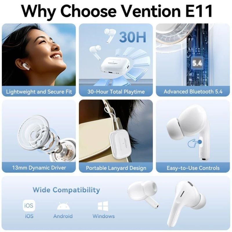 Auscultadores Bluetooth Vention Echo Lite E11 com Estojo de Carregamento / Autonomia 6h / Branco