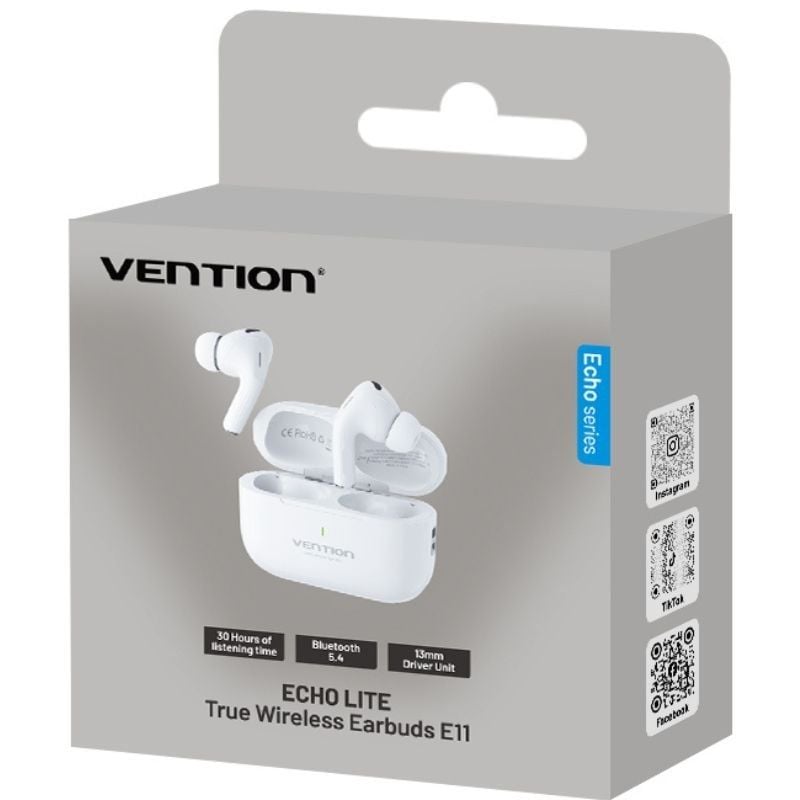 Auscultadores Bluetooth Vention Echo Lite E11 com Estojo de Carregamento / Autonomia 6h / Branco