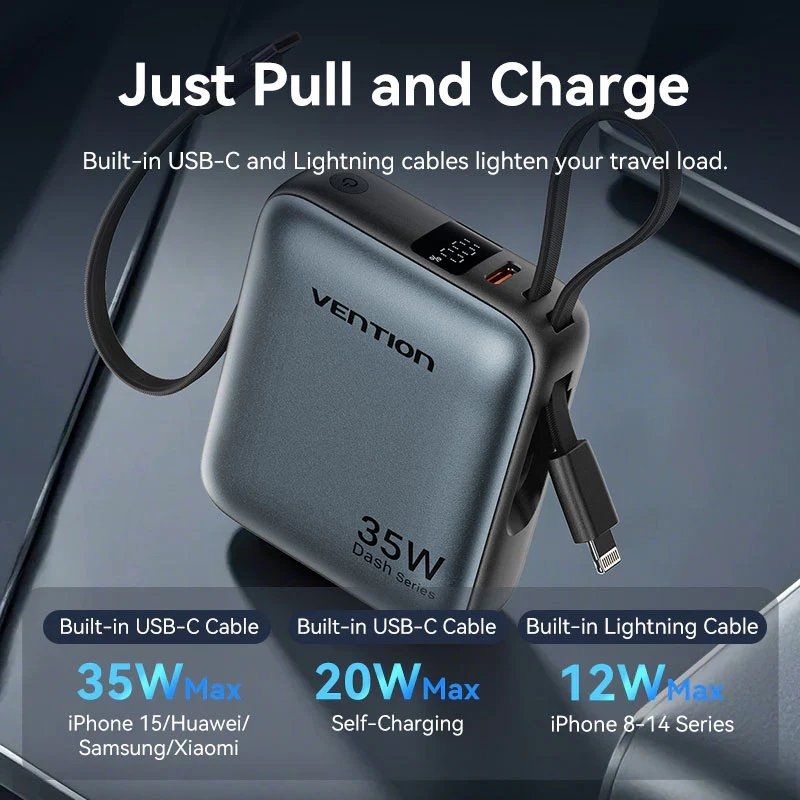 Powerbank 10000mah Vention FHFN0 / 35W / Cinzento / Inclui Cabo USB Tipo-c e Lightning