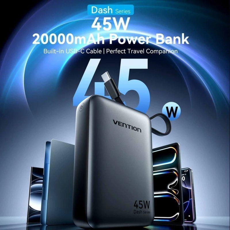 Powerbank 20000mah Vention FHGH0 / 45W / Cinzento / Inclui Cabo USB Tipo C